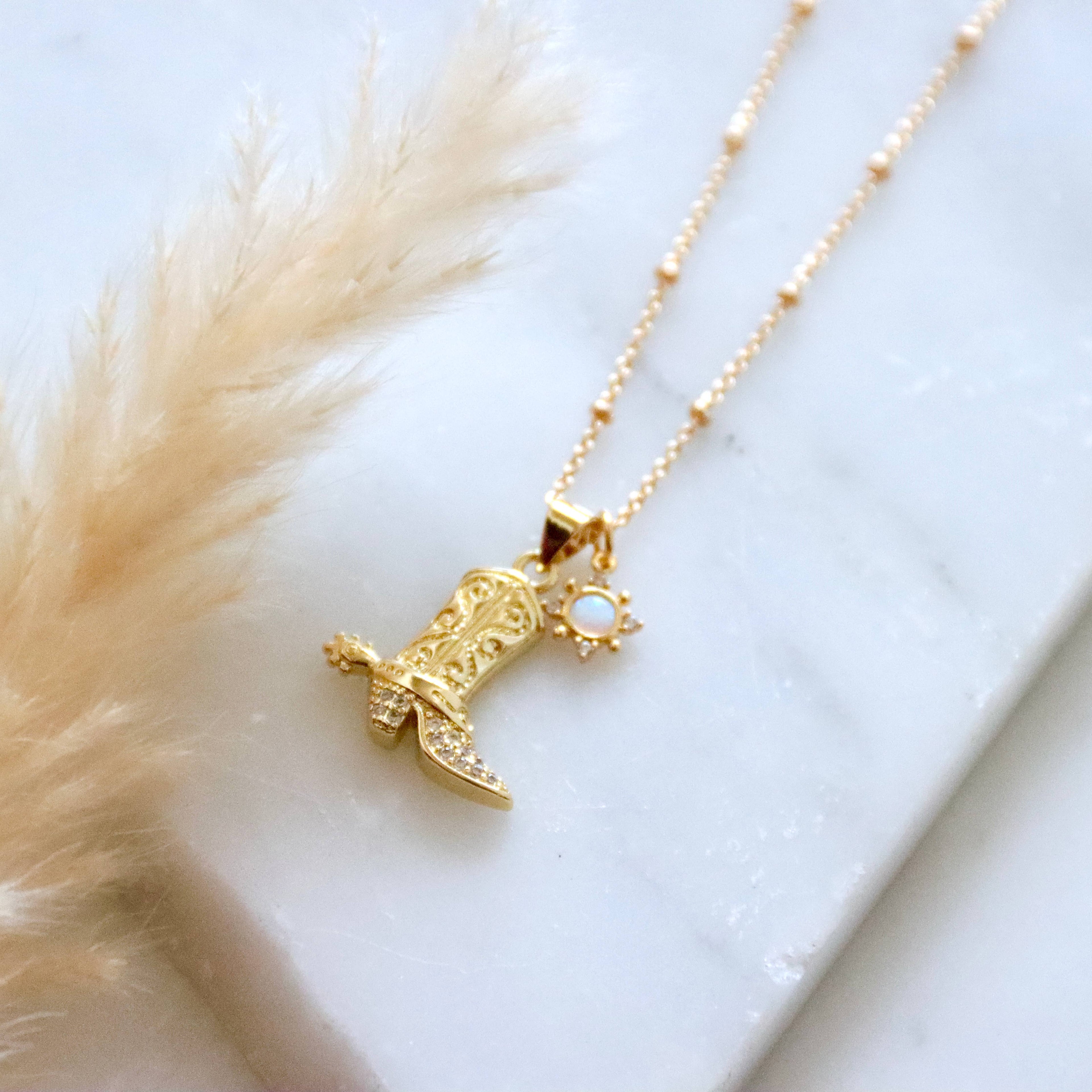 Opal Sun CZ Cowboy Boot Necklace 