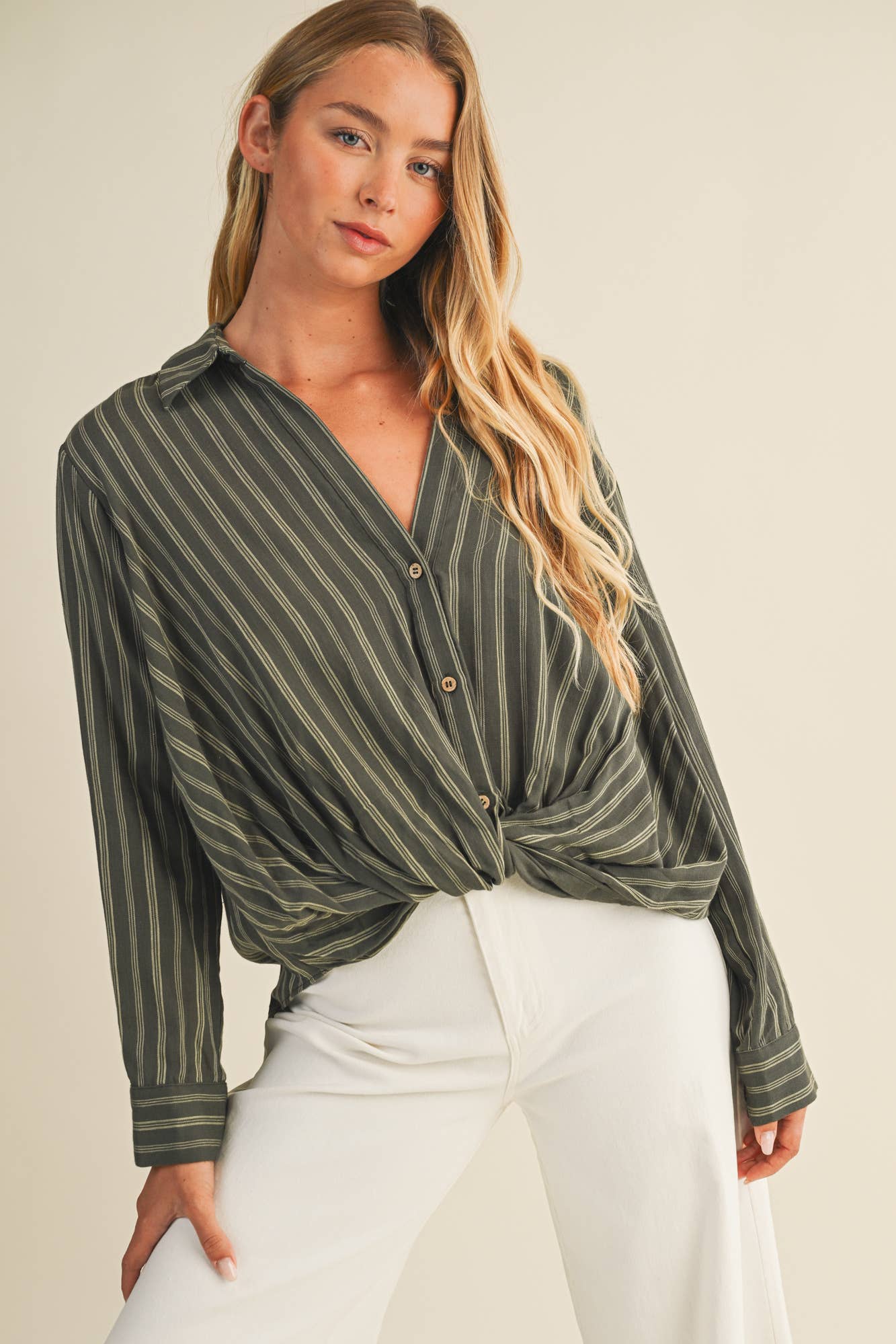 Vertical Stripe Twist Front Shirt