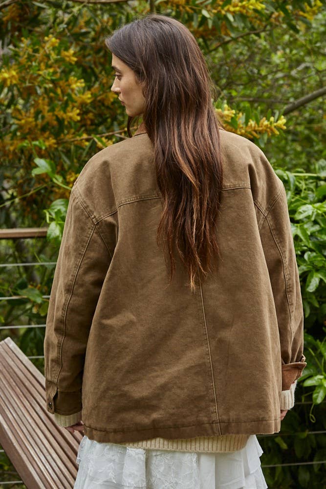 L8757 | Woven Cotton Collared Zip-Up Long Sleeve Jacket